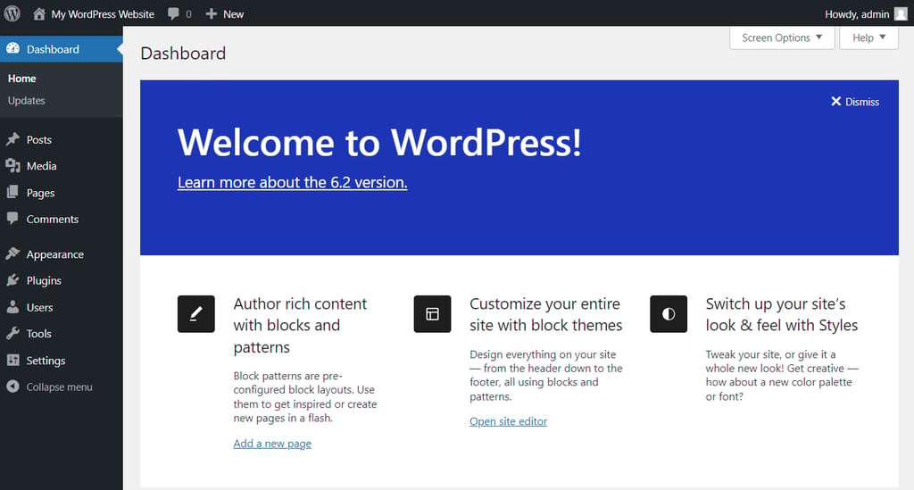 Panel administracyjny WordPress, w którym użytkownicy mogą zarządzać różnymi aspektami swojej witryny internetowej