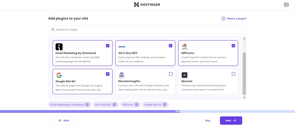Strona wyboru wtyczek w procesie wdrażania hostingu Hostinger Managed WordPress
