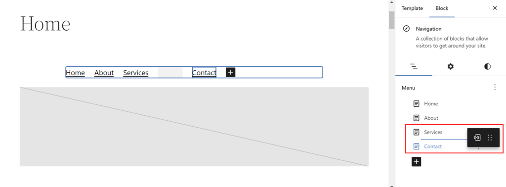 Ustawienia bloku nawigacyjnego z podświetlonymi menu Usługi i Kontakt w edytorze strony