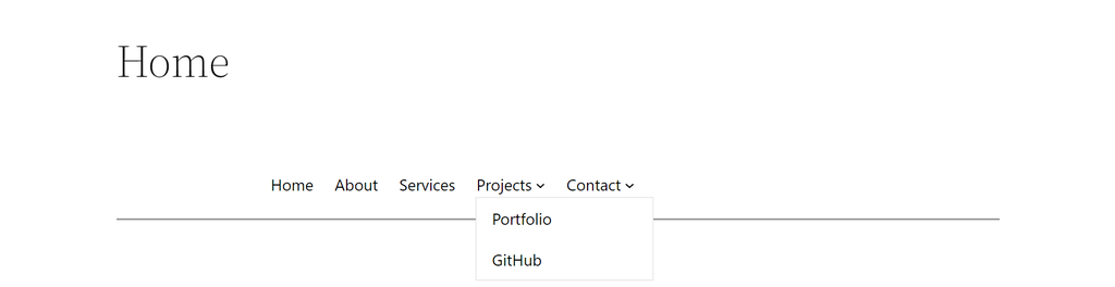 Ostateczny wygląd menu rozwijanego utworzonego za pomocą edytora strony WordPress i bloku nawigacyjnego