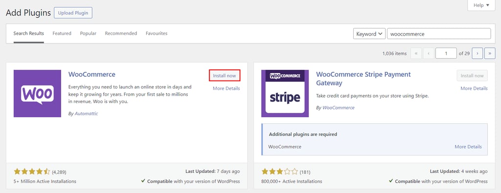 Katalog wtyczek WordPress, z zaznaczonym przyciskiem instalacji WooCommerce