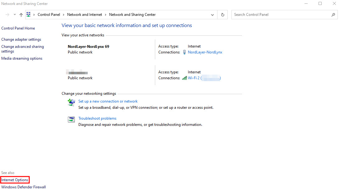 네트워크 및 인터넷 창의 인터넷 옵션