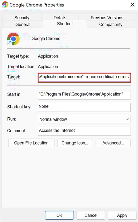구글 크롬 속성 내 대상 필드