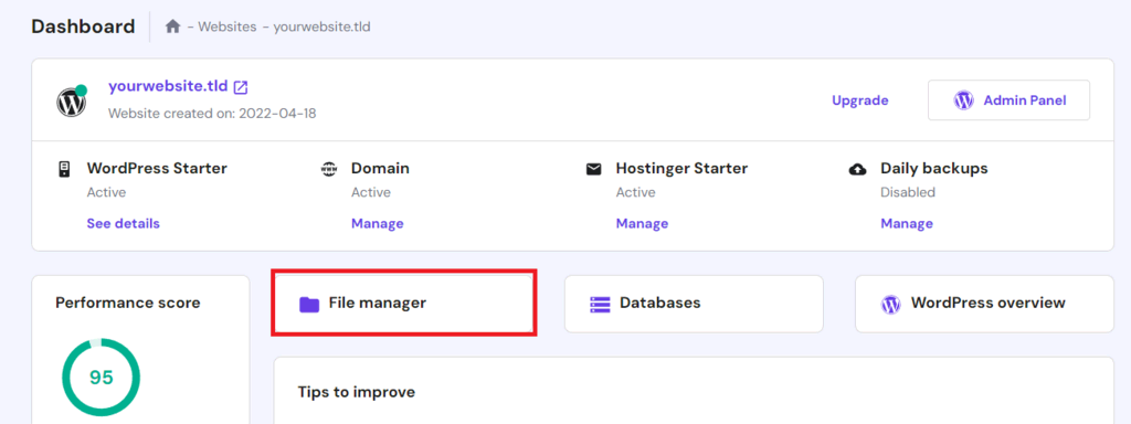 hPanel 웹사이트 관리 메뉴의 파일 관리자 버튼
