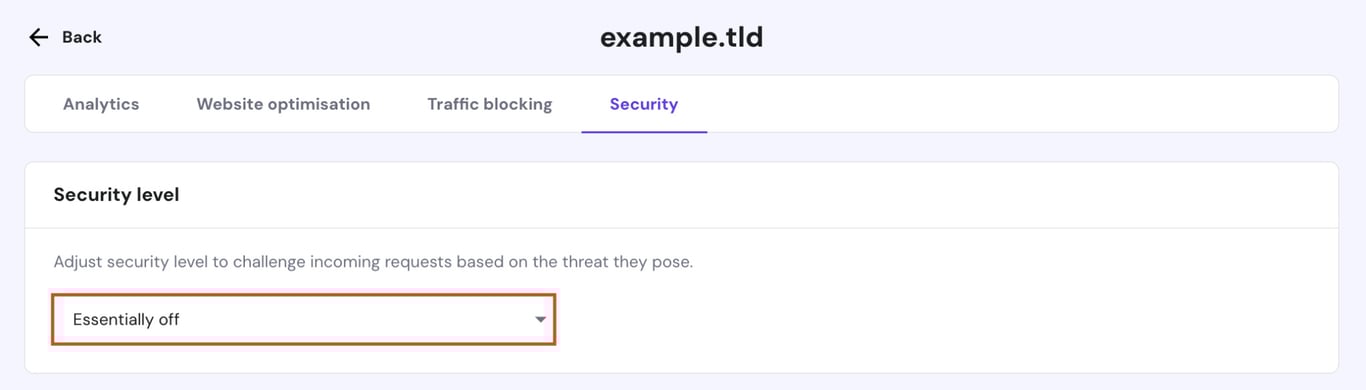 hPanel의 CDN 보안 탭에서 '사실상 끄기' 옵션