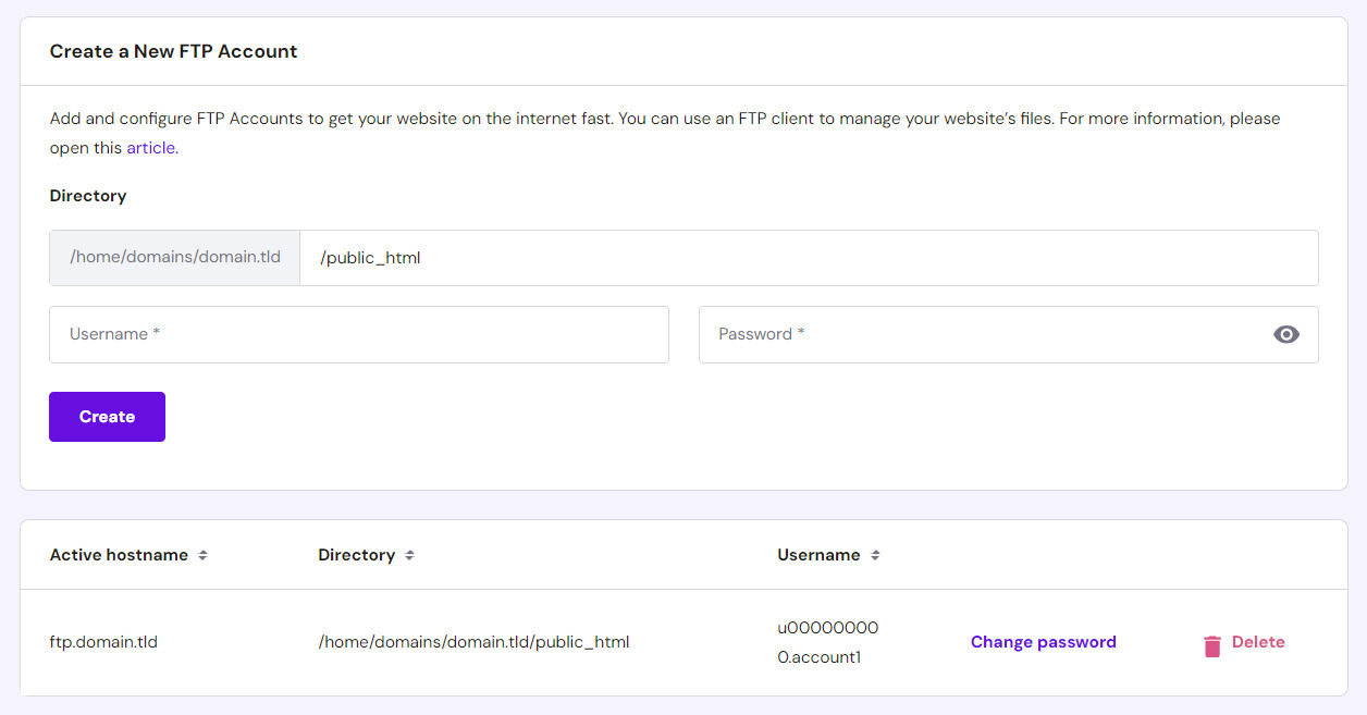 hPanel에서 새로운 FTP 계정 생성하기