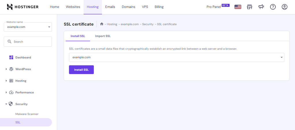보안 메뉴의 SSL 섹션