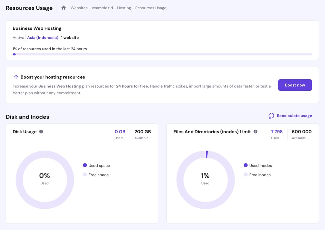 hPanel의 리소스 사용량 페이지