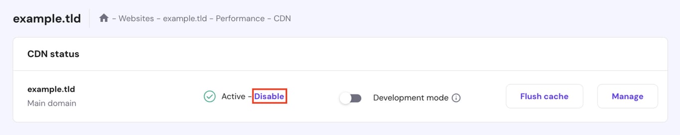 hPanel의 CDN에서 '비활성화' 버튼