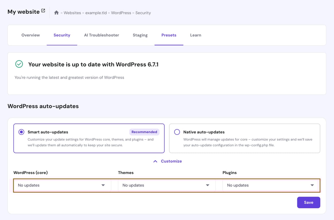hPanel의 워드프레스(코어), 테마, 플러그인 항목에서 '업데이트 없음' 옵션