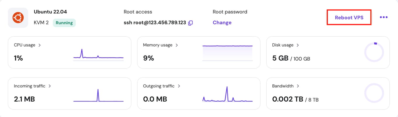 hPanel VPS 대시보드의 VPS 재부팅 버튼