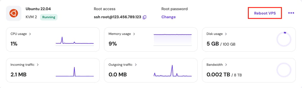 hPanel VPS 대시보드의 VPS 재부팅 버튼