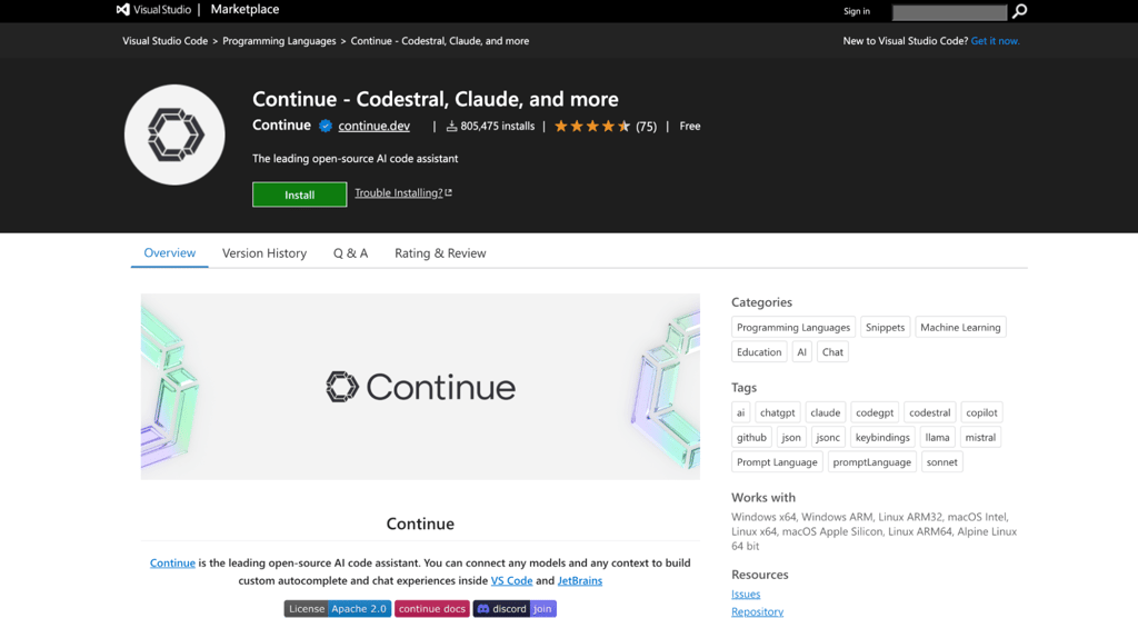 Continue for VS Code 마켓플레이스 페이지