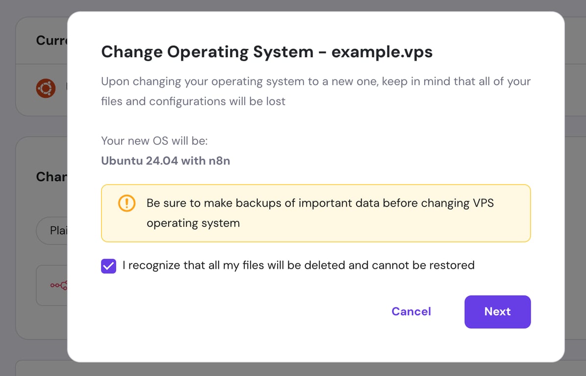 hPanel VPS의 운영 체제 변경 확인(Change Operating System) 대화 상자
