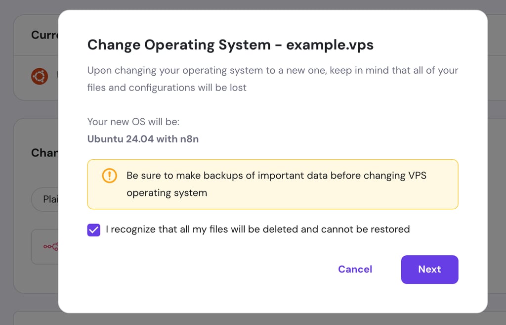 hPanel VPS의 운영 체제 변경 확인(Change Operating System) 대화 상자