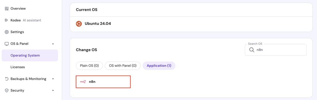 hPanel VPS의 OS 변경(Change OS) 섹션에서 n8n 템플릿