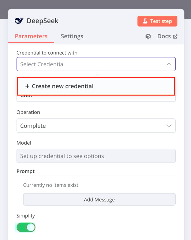 n8n DeepSeek 구성(Configuration) 대화 상자에서 새 자격 증명(Create new credential) 옵션
