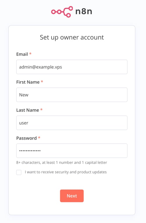 n8n 소유자 계정 가입(Sign up) 페이지