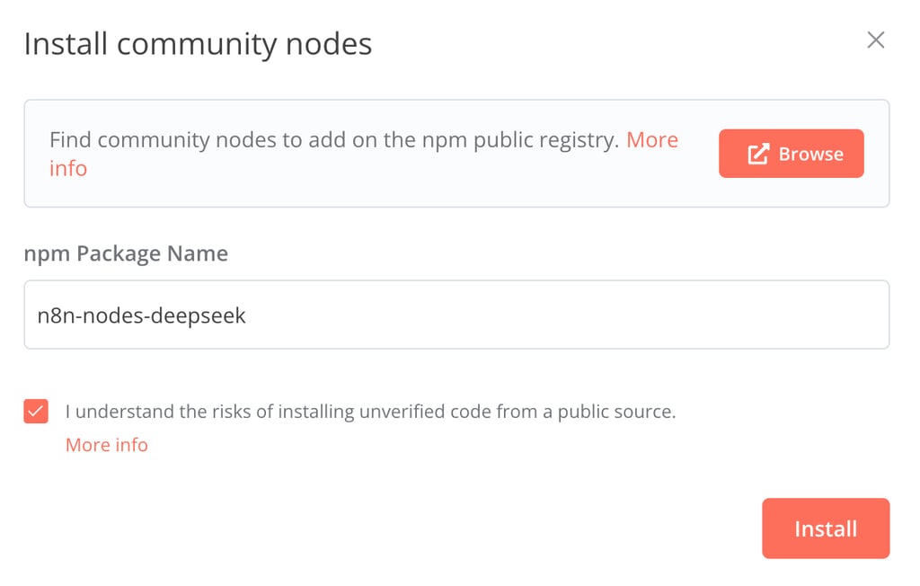 n8n Settings 메뉴에서 커뮤니티 노드 설치 대화 상자(Install community nodes dialog)