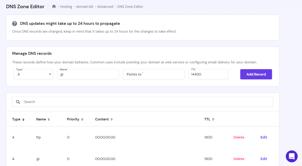 محرر منطقة DNS على hPanel