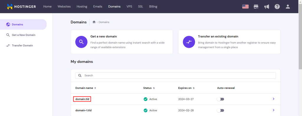 اختيار دومين في صفحة الدومينات على hPanel