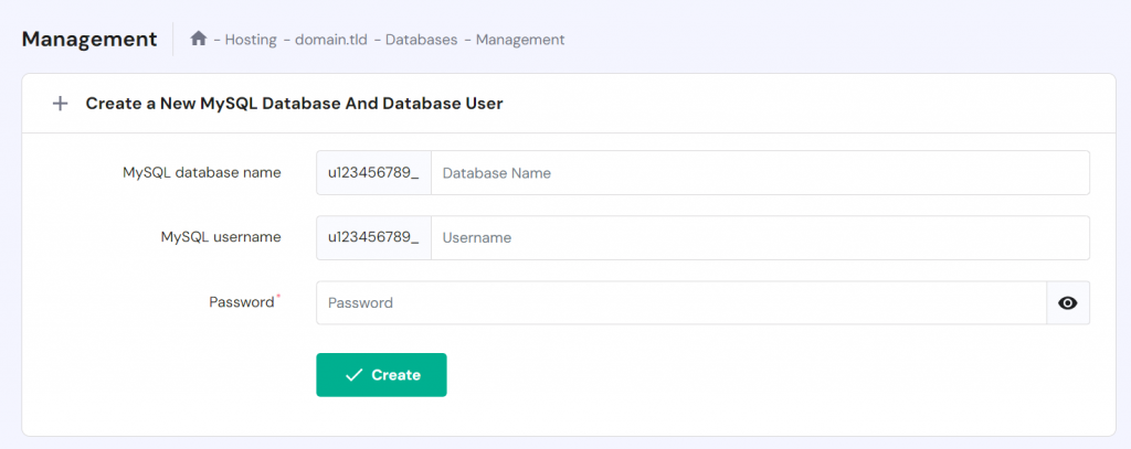 قائمة إدارة قاعدة البيانات التي تعرض الحقول لإنشاء قاعدة بيانات MySQL جديدة