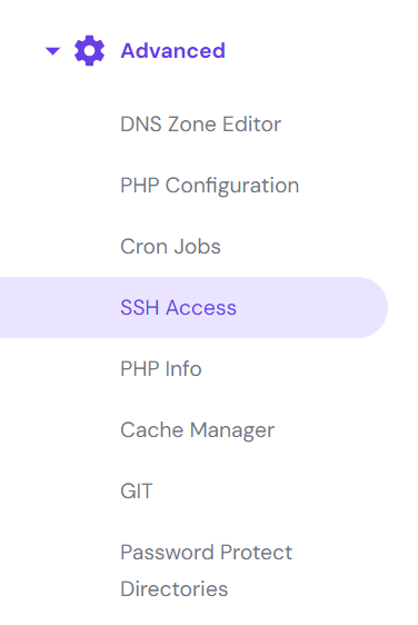 تحديد SSH Access في الشريط الجانبي الأيسر لـ hPanel ضمن القسم "خيارات متقدمة".