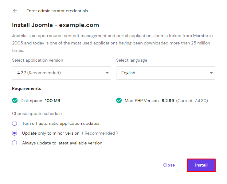 النافذة المنبثقة لتثبيت جوملا على hPanel، مع تحديد خيار التثبيت