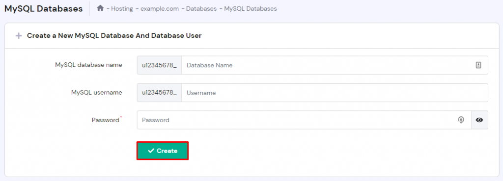 قائمة قواعد بيانات hPanel، مع تحديد خيار الإنشاء