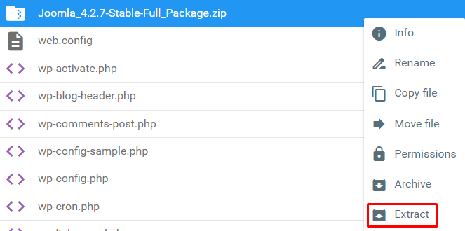 دليل public_html الخاص بـ hPanel مع تمييز خيار الاستخراج
