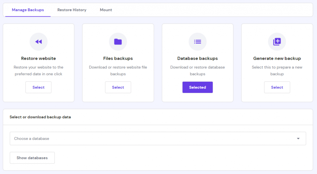 خيار إدارة النسخ الاحتياطية على hPanel
