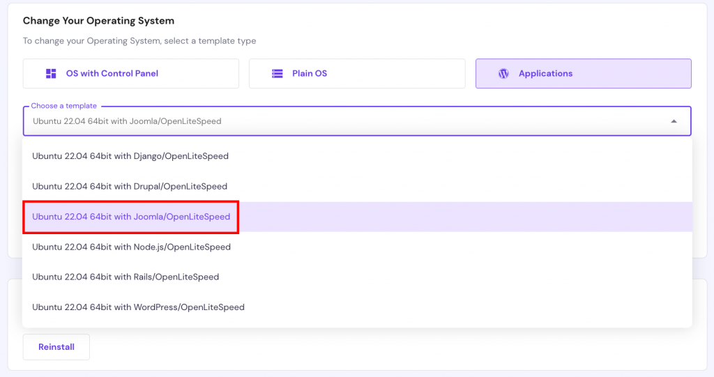 خيار تغيير نظام التشغيل لـ VPS في hPanel مع تمييز قالب جوملا