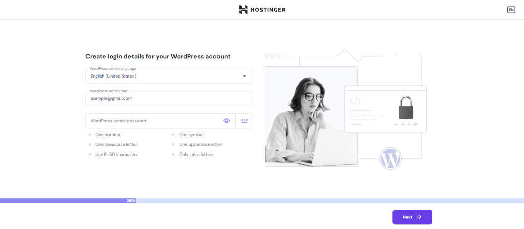 صفحة إنشاء حساب ووردبريس أثناء خطوة إعداد Hostinger