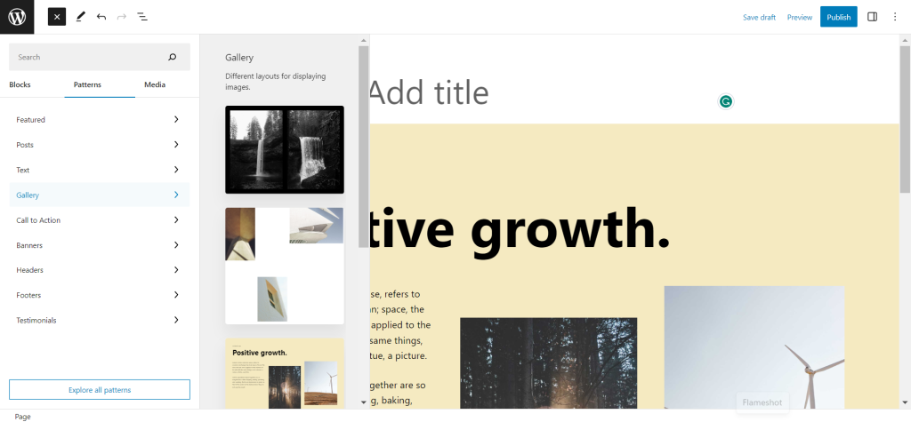 قائمة أنماط الكتل في محرر Gutenberg الخاص بووردبريس