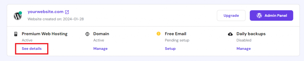 زر "عرض التفاصيل" لخطة الاستضافة على hPanel
