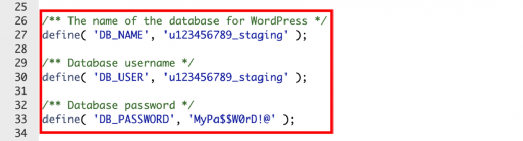 معلومات قاعدة البيانات في ملف wp-config