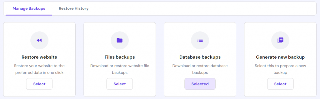 قائمة اختيار النسخ الاحتياطي في hPanel