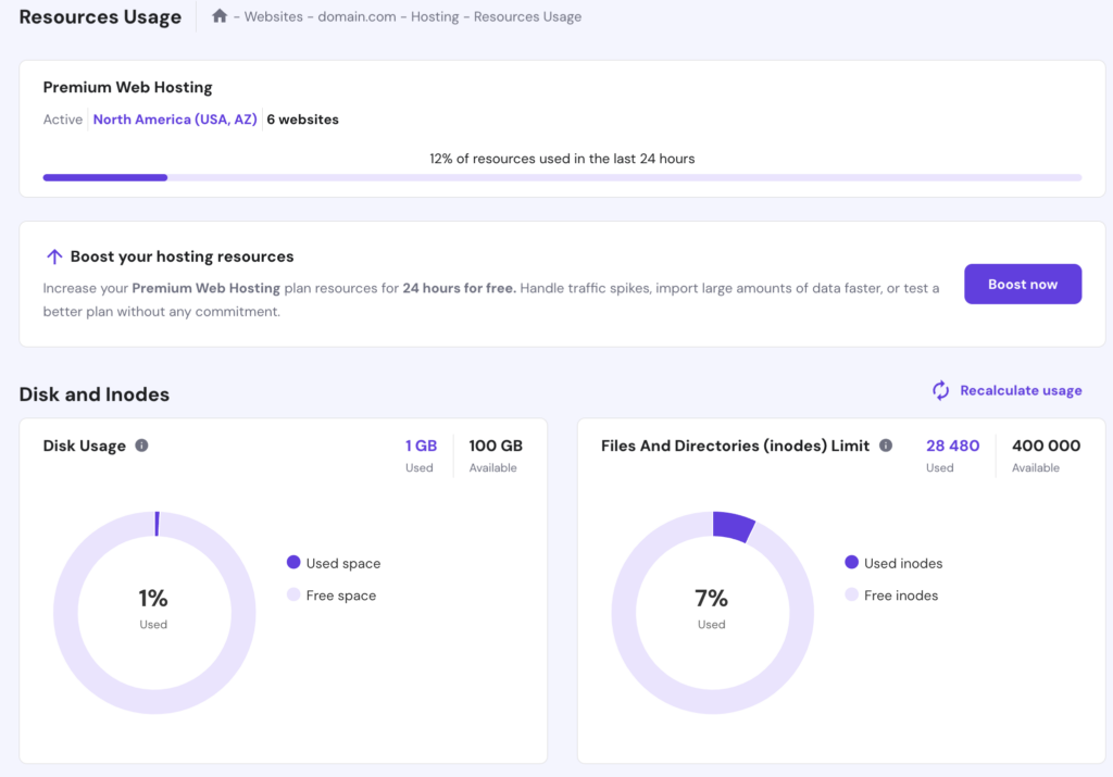قسم استخدام الموارد في hPanel