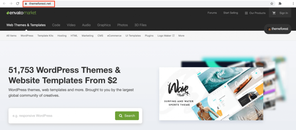 الصفحة الرئيسية لـ ThemeForest، مع تمييز لنطاق themeforest.net.
