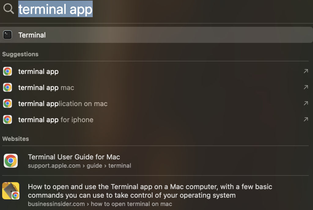 البحث عن تطبيق Terminal في ماك أو إس