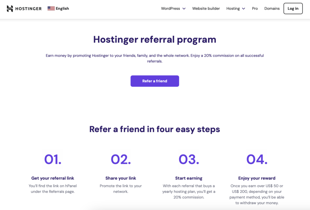 صفحة برنامج إحالة Hostinger