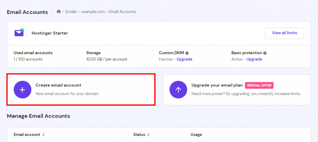 زر إنشاء حساب بريد إلكتروني جديد في hPanel.