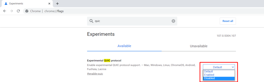 تم تعطيل ميزة بروتوكول QUIC Experimental على صفحة أعلام كروم.