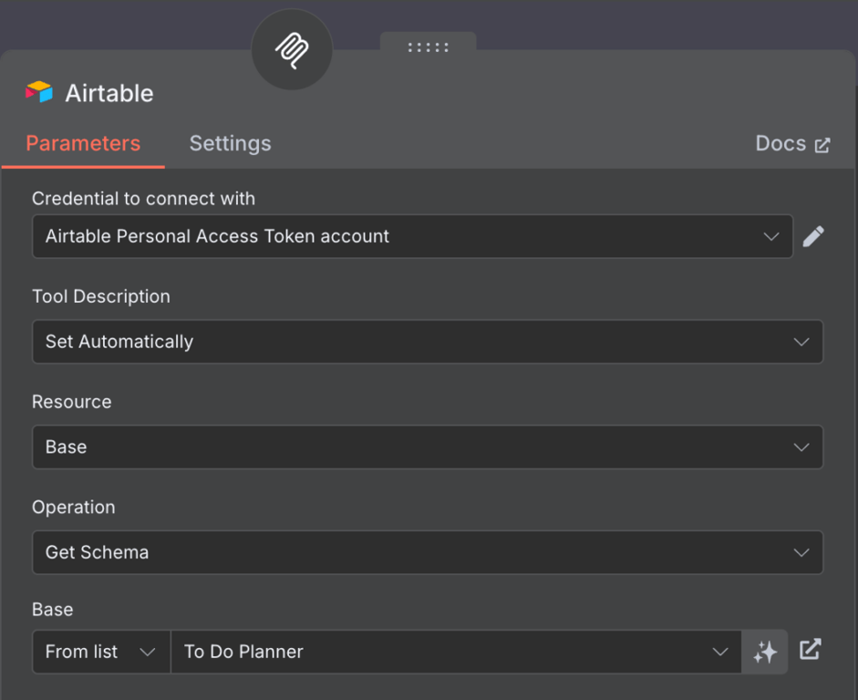 صفحة تكوين عقدة Airtable