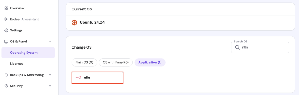 قالب n8n في قسم تغيير نظام التشغيل في VPS ضمن hPanel