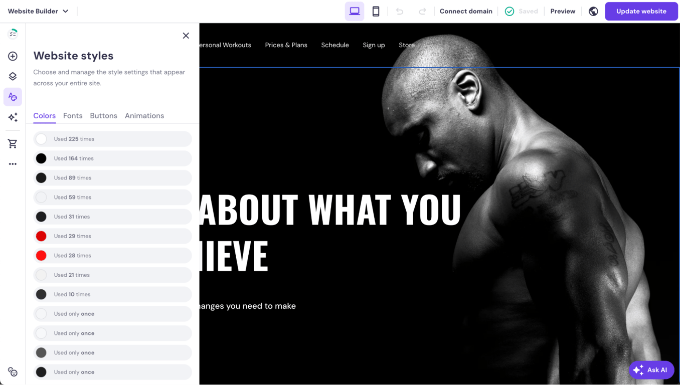 قائمة أنماط المواقع الإلكترونية مفتوحة في Hostinger Website Builder