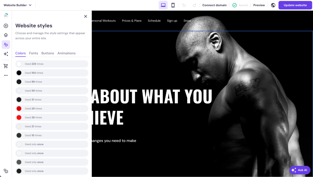 قائمة أنماط المواقع الإلكترونية مفتوحة في Hostinger Website Builder