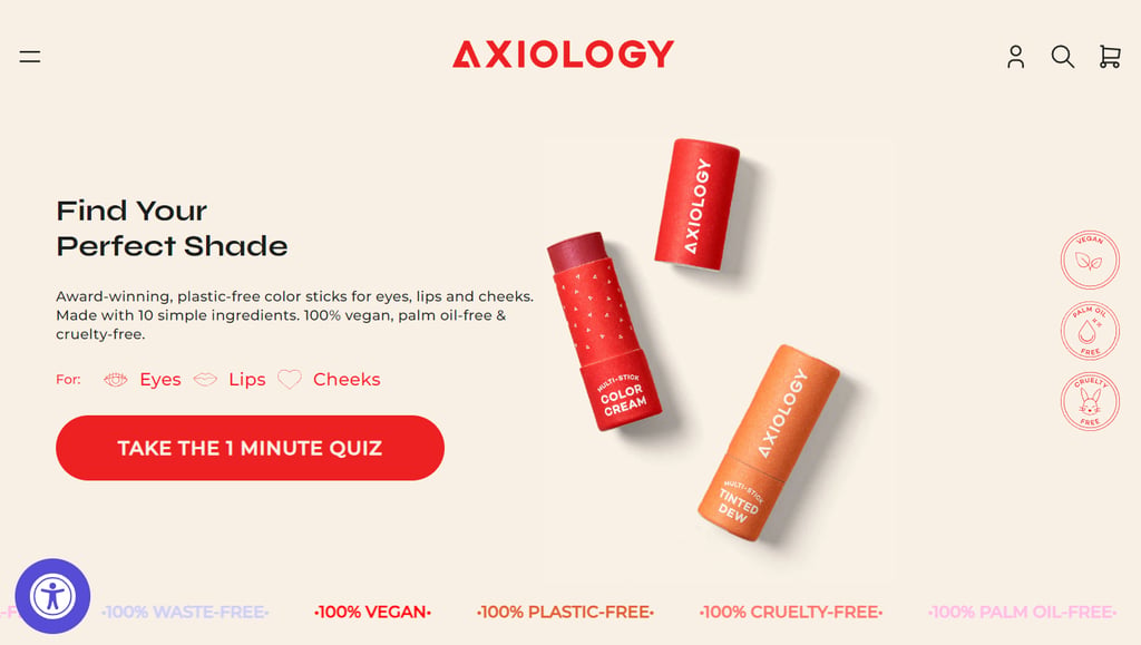 الصفحة الرئيسية لـ AXIOLOGY التي تحتوي على CTA ممتاز