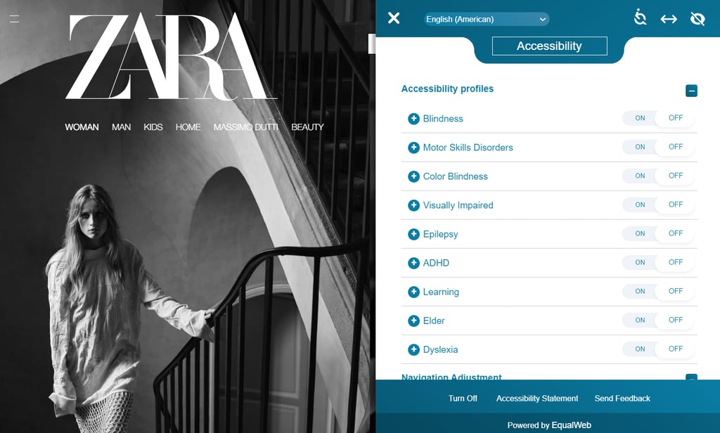 أداة تحسين إمكانية الوصول EqualWeb على الصفحة الرئيسية لـ Zara