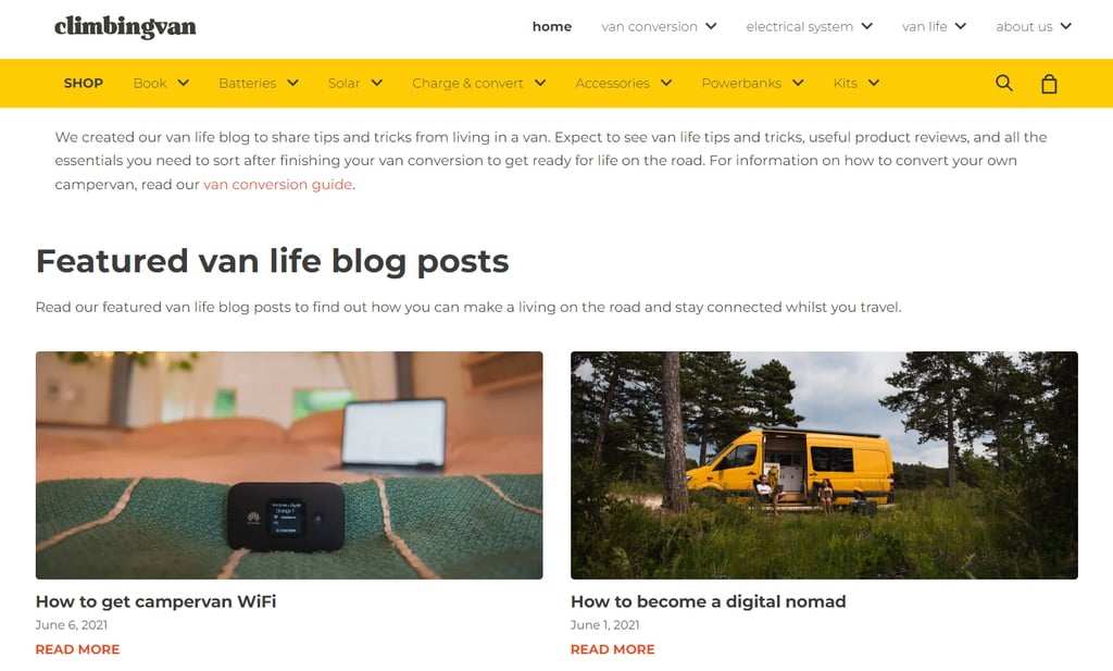 صفحة مدونة climbingvan مع عرض منشورات المدونة المميزة